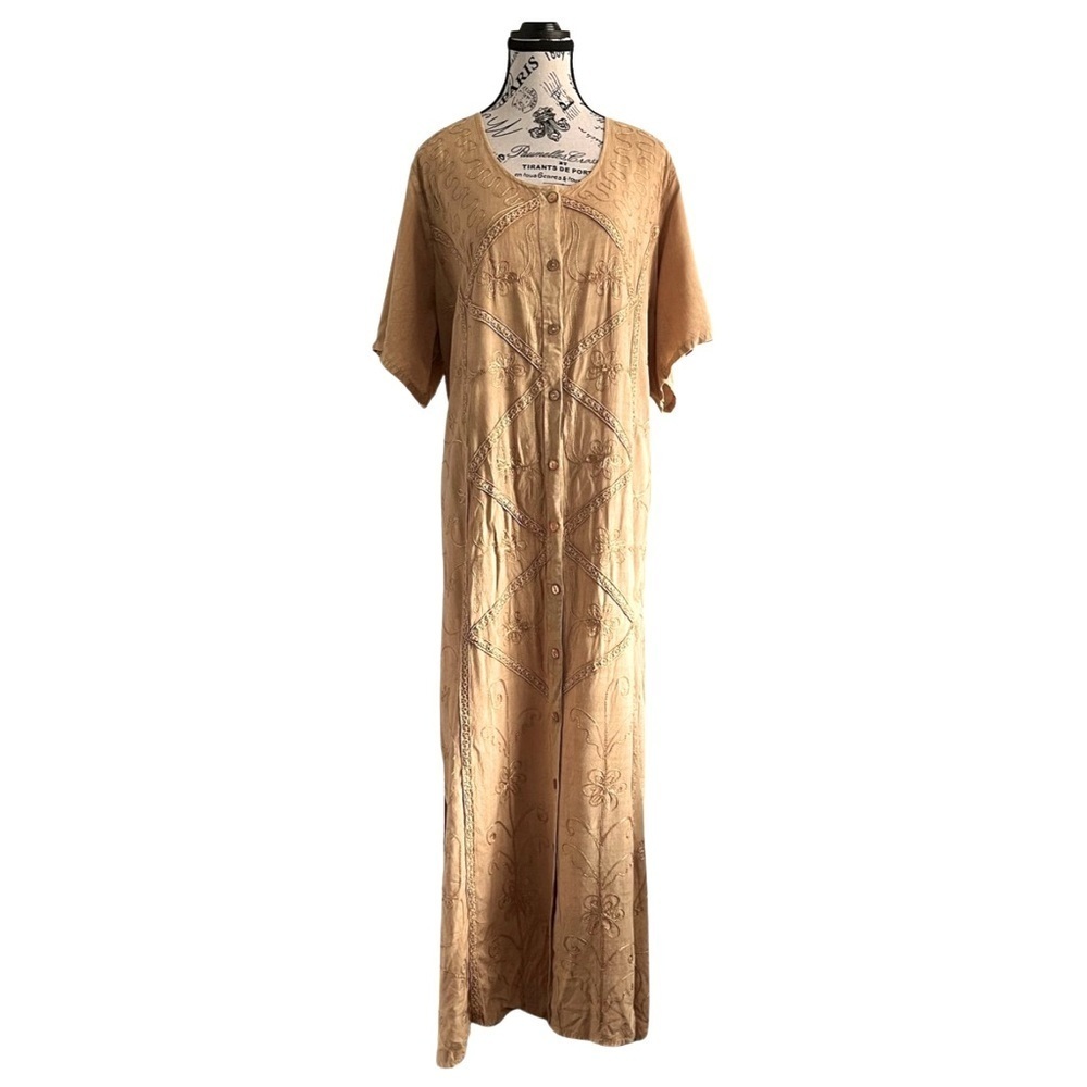 Vintage 90s  Beige Tan Boho Embroidered Maxi Dress Rayon India Large